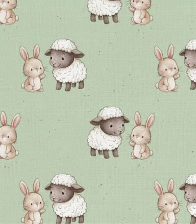 Popeline Páscoa Coelhinho e Ovelha – Verde Menta