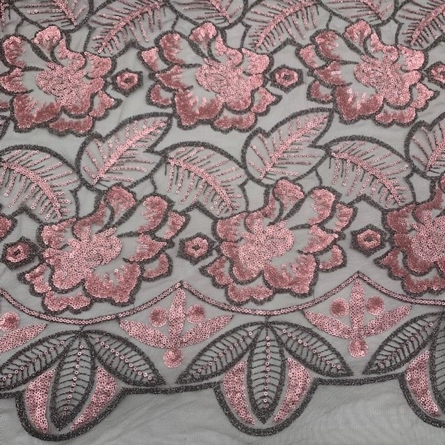 Renda Sequin – Fundo Preto c/ Rosa