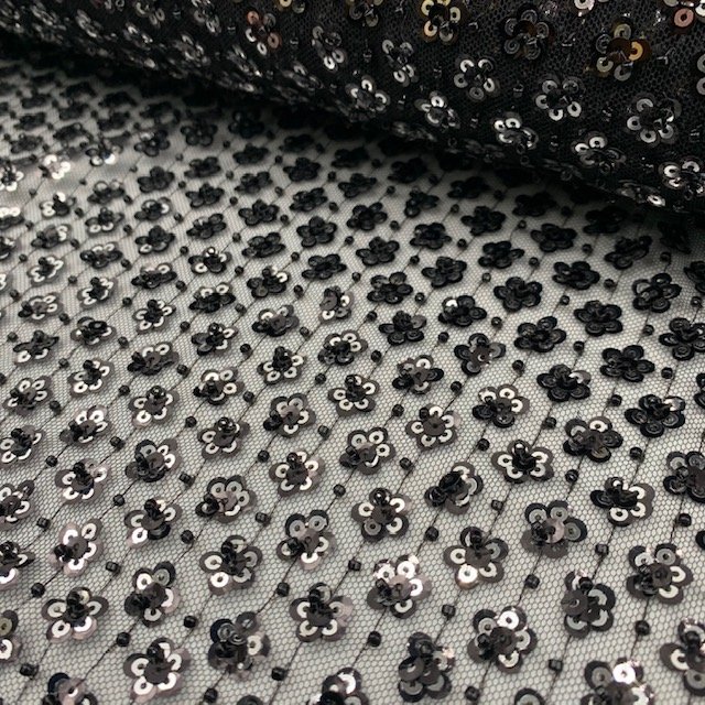 Renda Sequin Flower – Preto