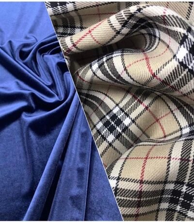 Tartan Bege + Veludo Azul Marinho