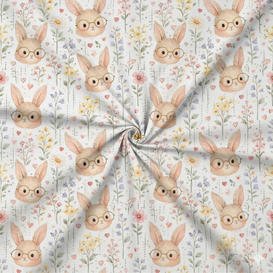 Tecido Popeline Coelhinho e Flores Branco v Violet Fabrics