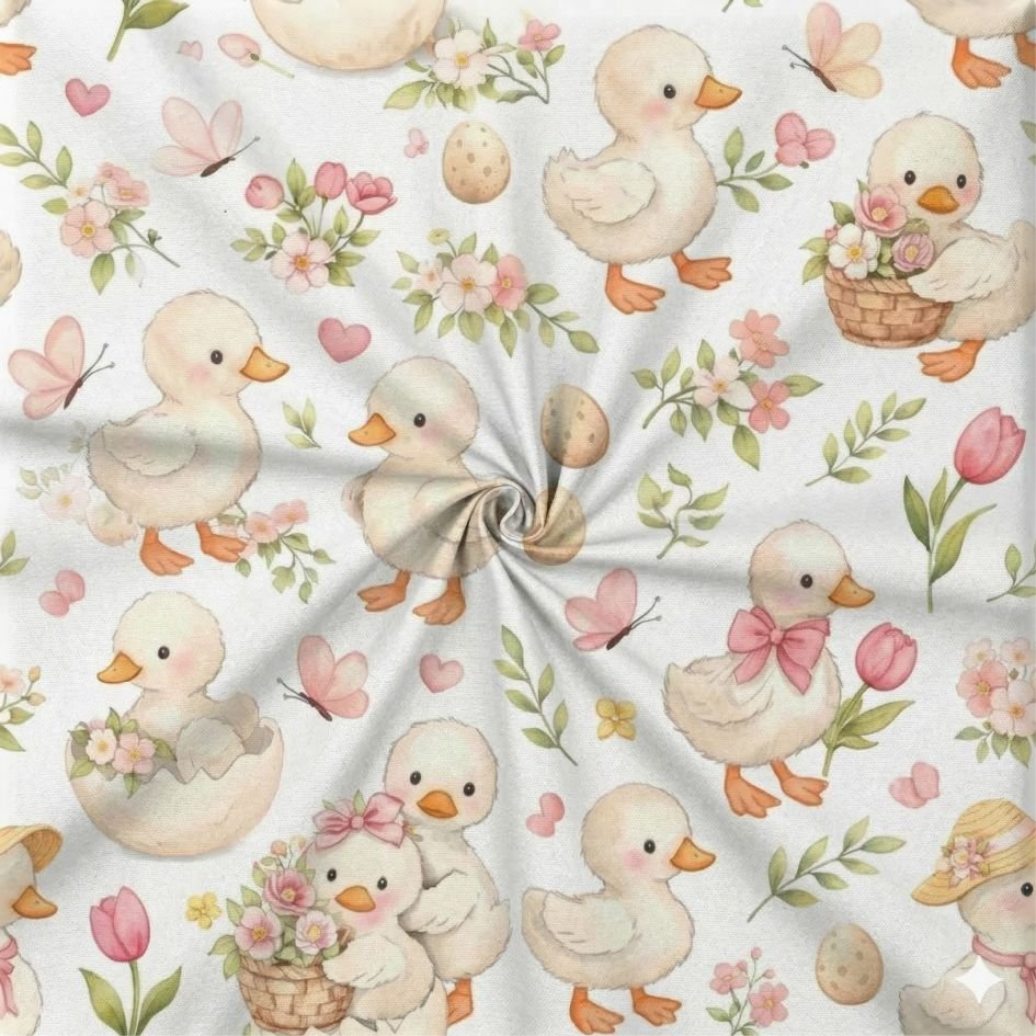 Tecido Popeline Patinhos e Flores a Violet Fabrics