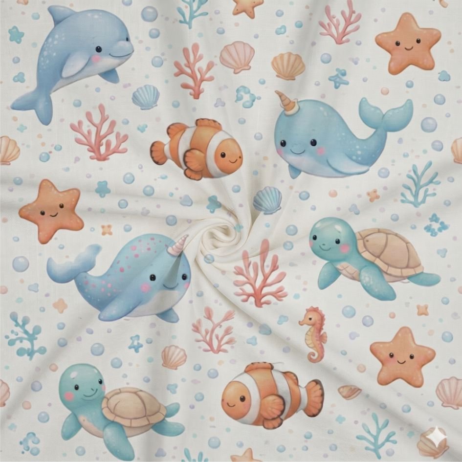 Tecido Popeline Animais Marinhos Branco d Violet Fabrics