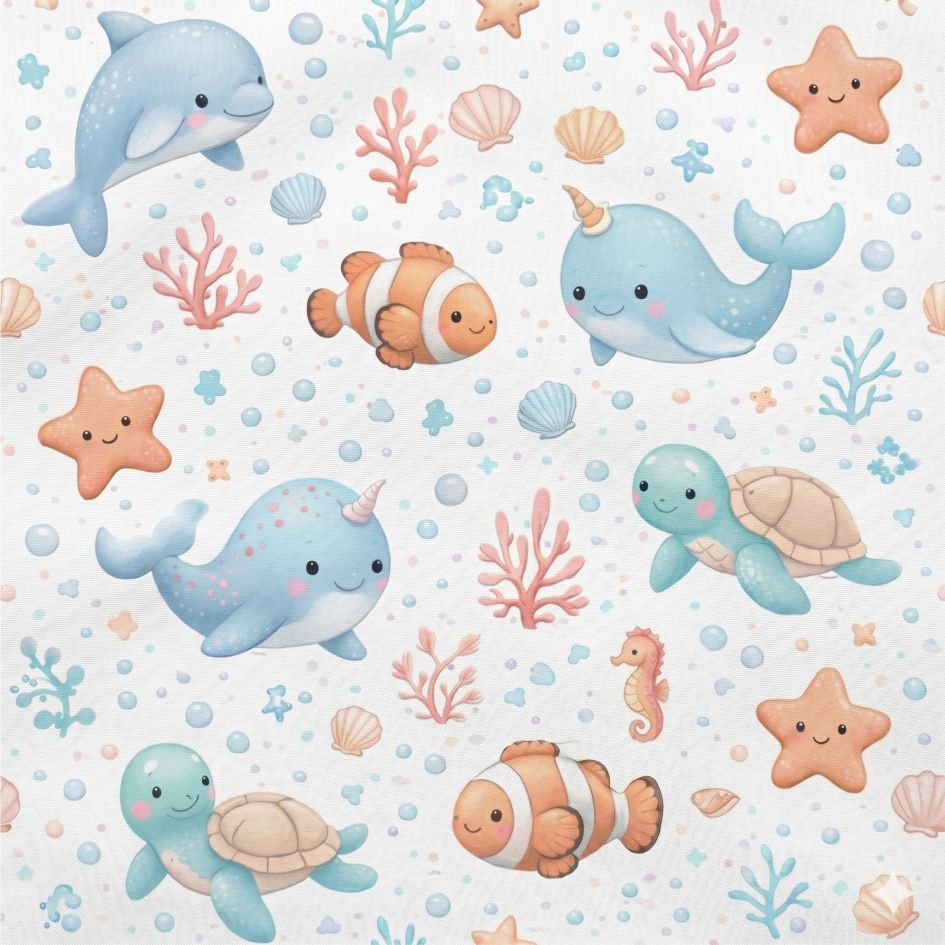 Tecido Popeline Animais Marinhos Branco Violet Fabrics