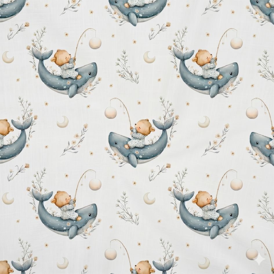 Tecido Popeline Baleia e Ursinho Branco a 1 Violet Fabrics