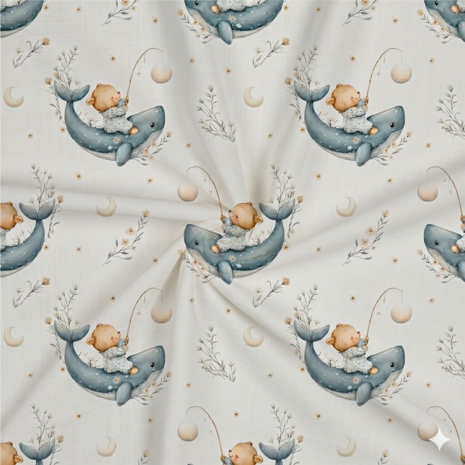 Tecido Popeline Baleia e Ursinho Branco a Violet Fabrics