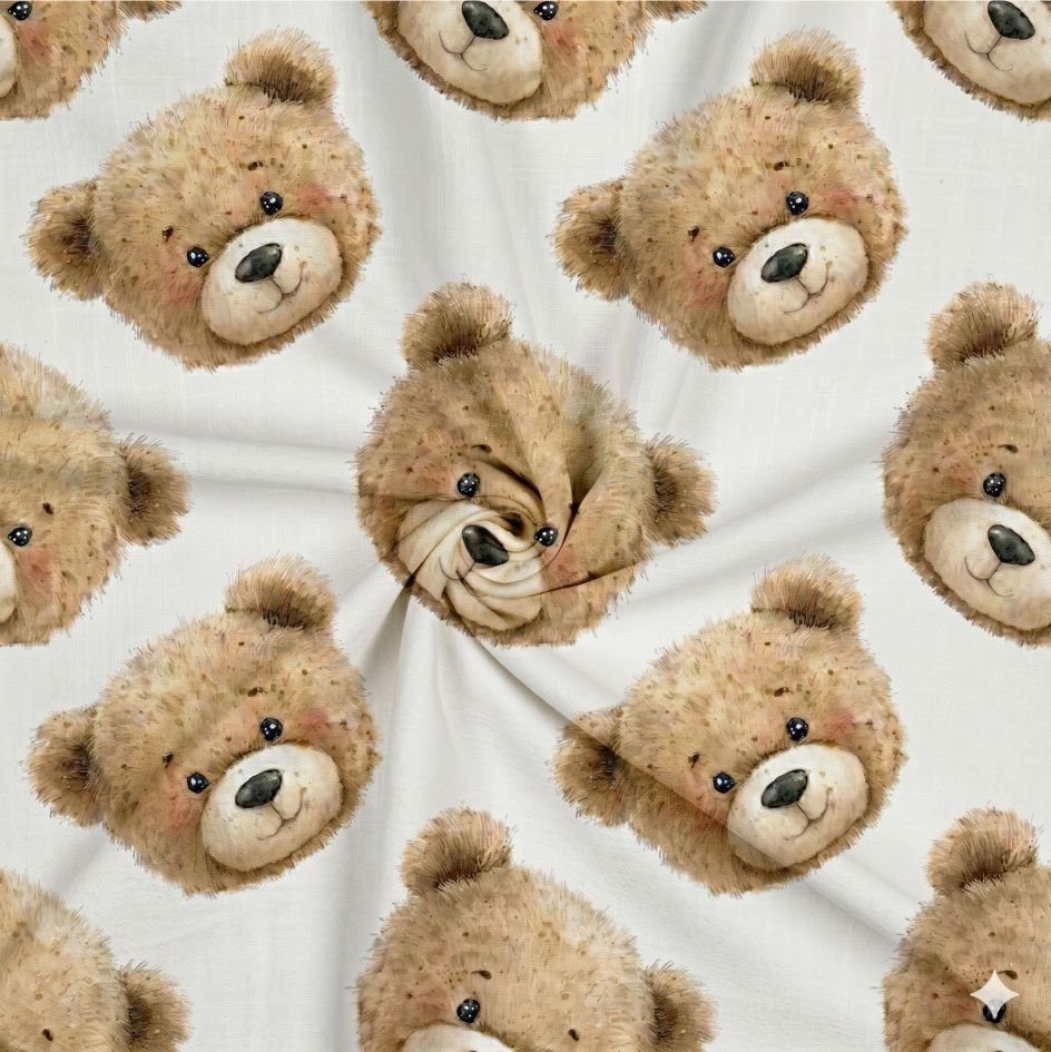 Tecido Popeline Cabecas dos Ursinhos Branco a e Violet Fabrics