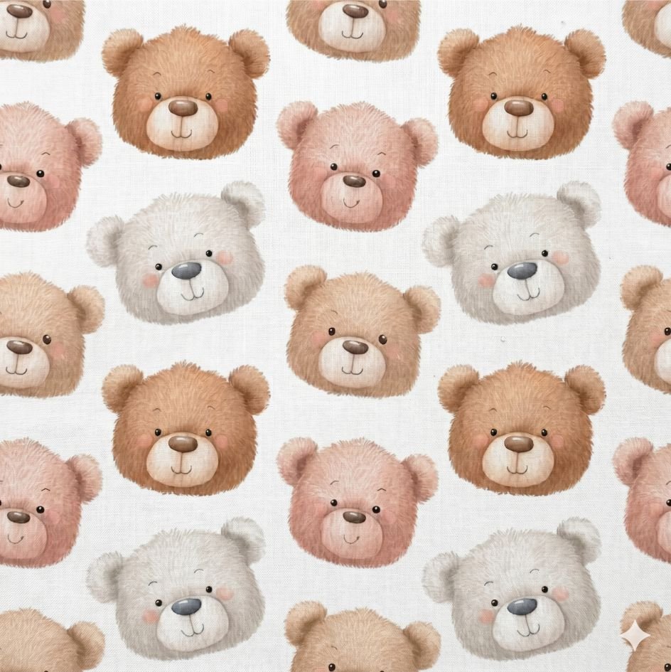 Tecido Popeline Cabecas dos Ursinhos Branco a Violet Fabrics