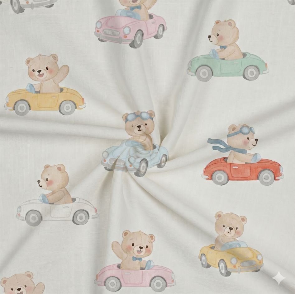 Tecido Popeline Carrinhos e Ursinhos Branco a Violet Fabrics