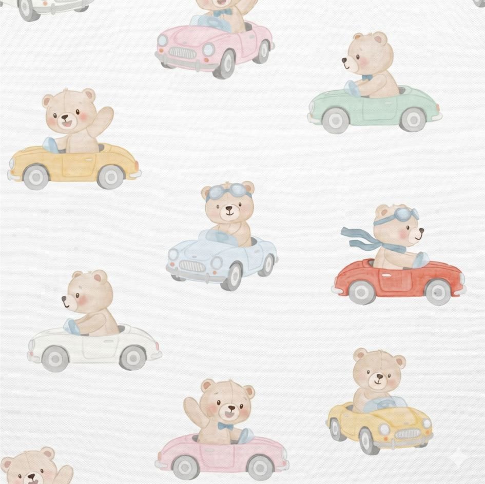 Tecido Popeline Carrinhos e Ursinhos Branco b Violet Fabrics