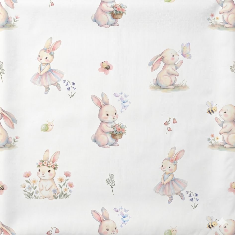 Tecido Popeline Coelhinha e Flores Branco a Violet Fabrics