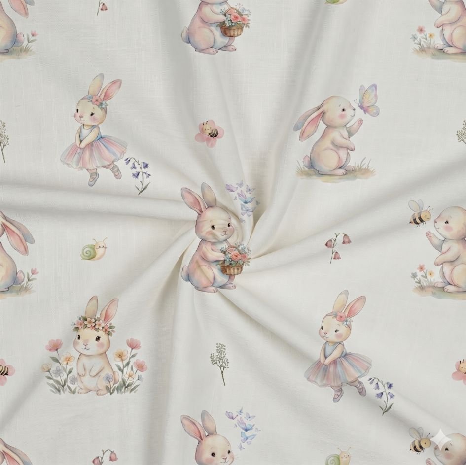 Tecido Popeline Coelhinha e Flores Branco Violet Fabrics