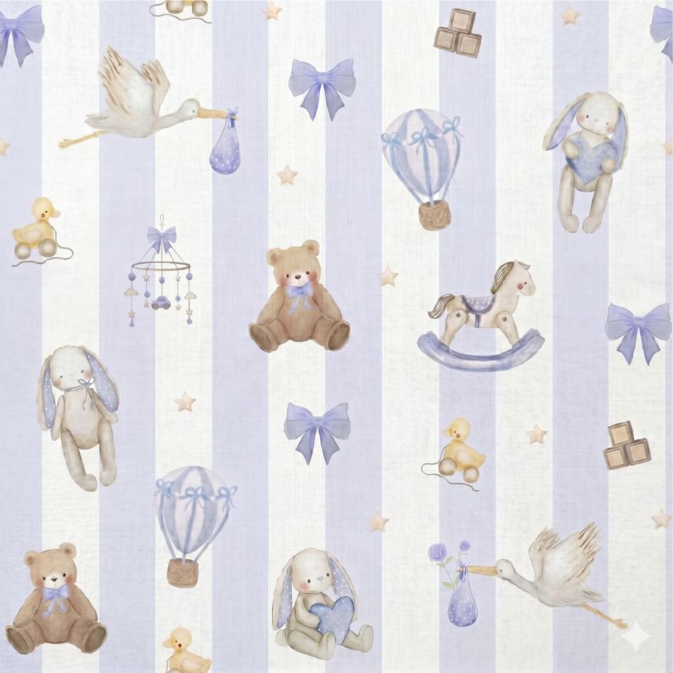 Tecido Popeline Riscas Brinquedos Branco e Azul b Violet Fabrics