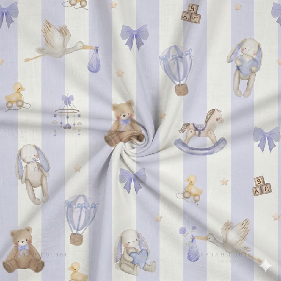 Tecido Popeline Riscas Brinquedos Branco e Azul d Violet Fabrics