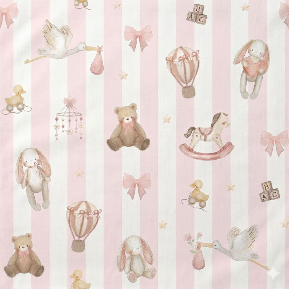 Tecido Popeline Riscas Brinquedos Branco e Rosa s Violet Fabrics