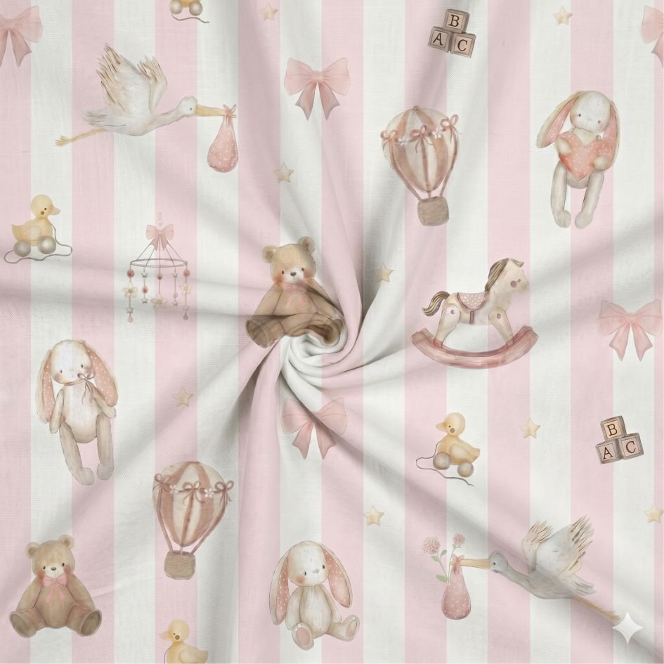 Tecido Popeline Riscas Brinquedos Branco e Rosa Violet Fabrics