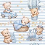 Popeline Riscas Sonhos de Ursinhos - Branco/Azul