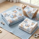 Popeline Riscas Sonhos de Ursinhos - Branco/Azul - Image 3