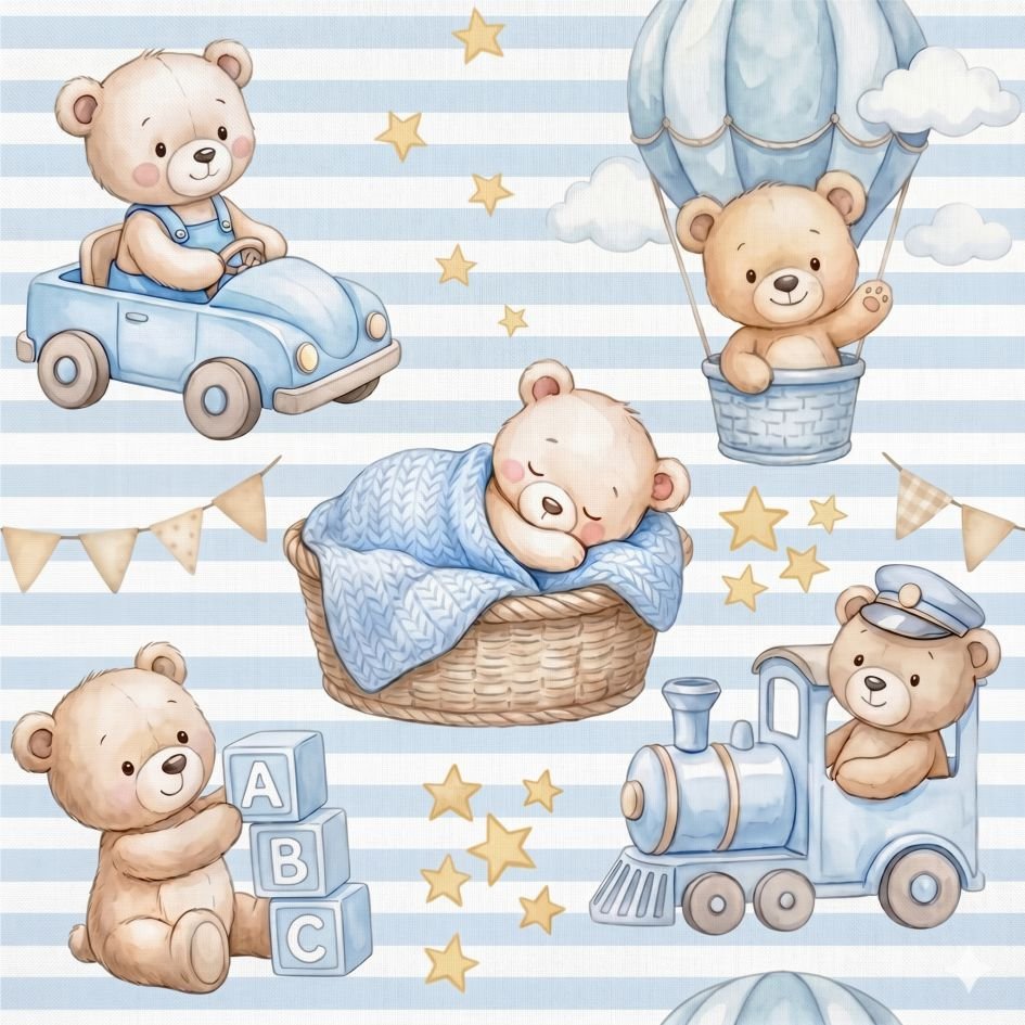 Tecido Popeline Riscas Sonhos de Ursinhos Branco e Azul Violet Fabrics