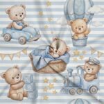 Popeline Riscas Sonhos de Ursinhos - Branco/Azul - Image 2