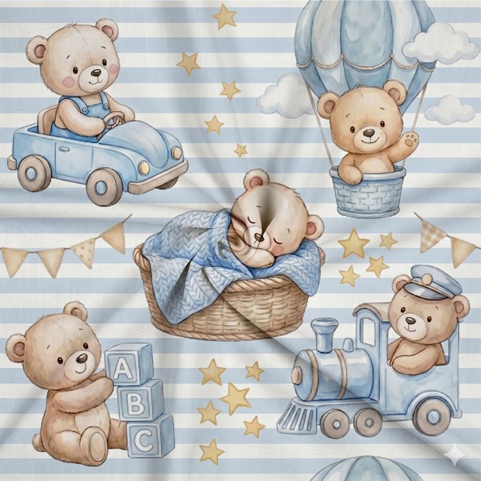 Tecido Popeline Riscas Sonhos de Ursinhos Branco e Azula Violet Fabrics