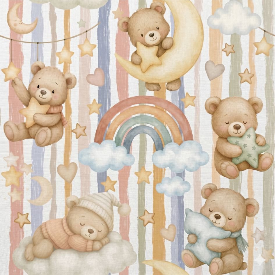 Tecido Popeline Riscas Ursinhos Sonhadores Branco Violet Fabrics