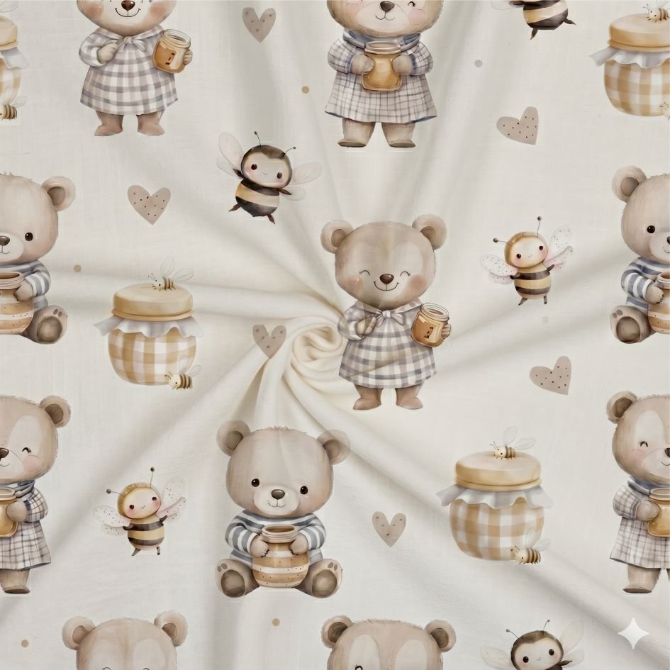 Tecido Popeline Ursinha e Abelhinha Branco n Violet Fabrics