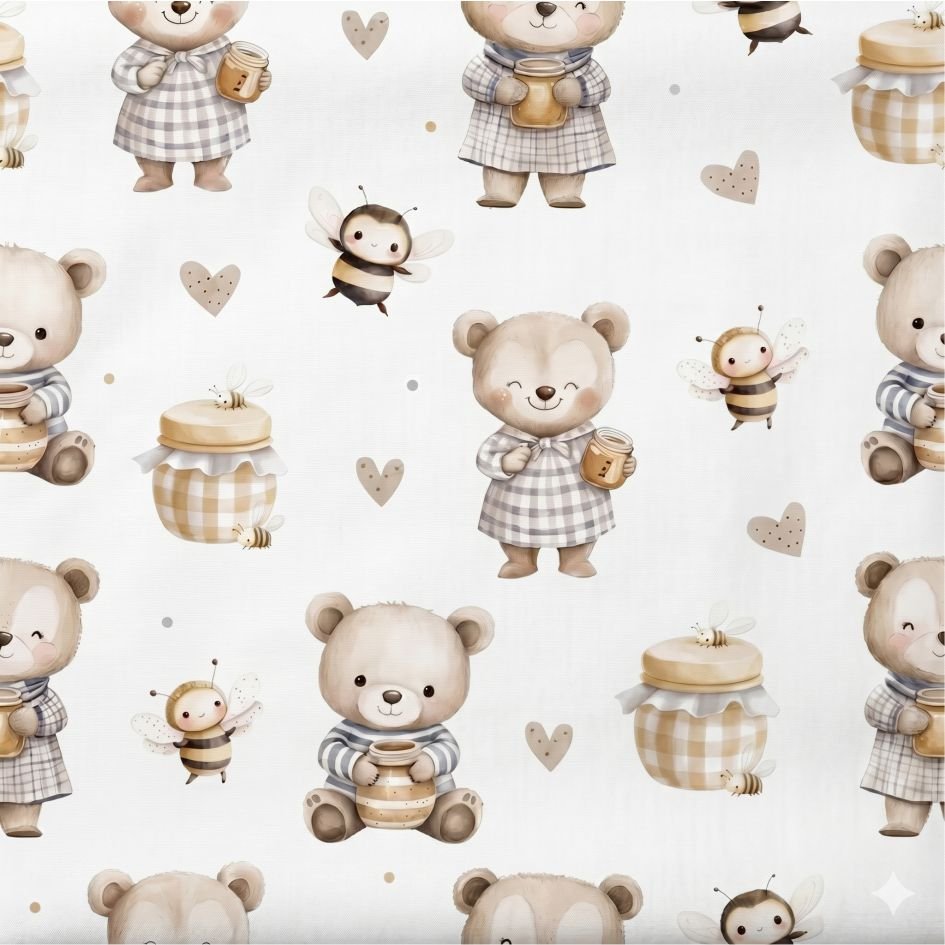 Tecido Popeline Ursinha e Abelhinha Branco Violet Fabrics