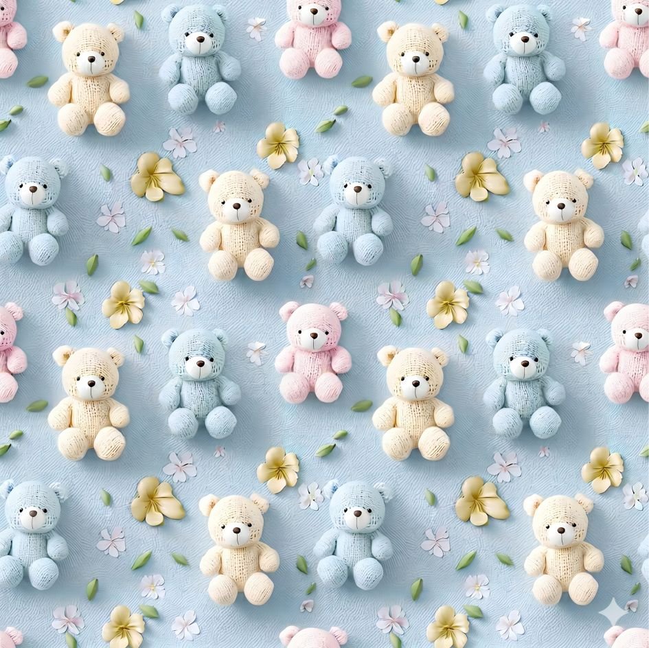 Tecido Popeline Ursinho 3D Azul a Violet Fabrics