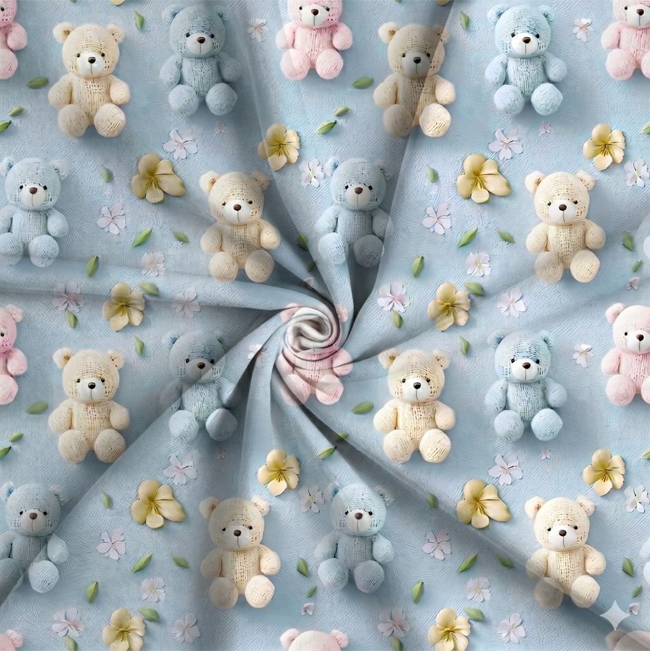 Tecido Popeline Ursinho 3D Azul b Violet Fabrics