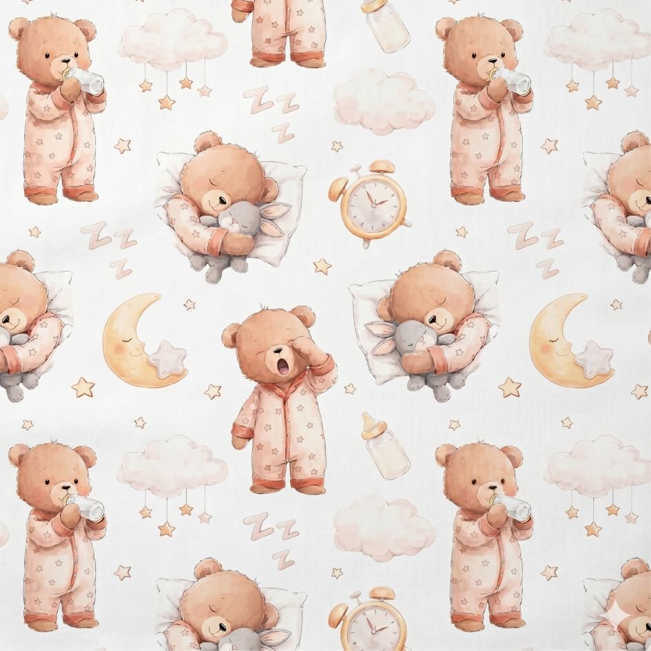 Tecido Popeline Ursinho Dorminhoco Branco b Violet Fabrics