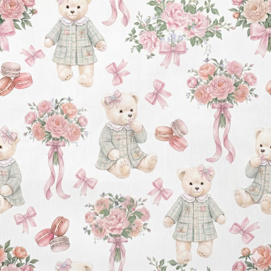 Tecido Popeline Ursinho e Flores Branco Violet Fabrics