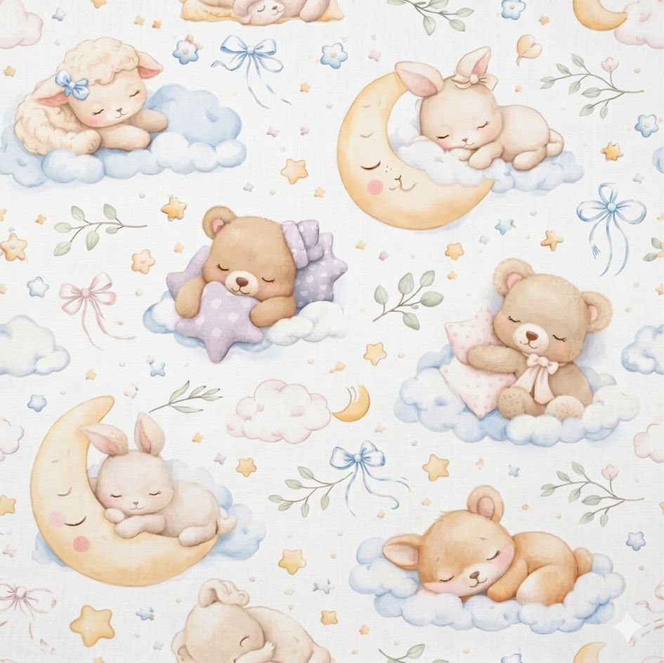 Tecido Popeline Ursinhos e Coelhinhos Sonhos Branco a Violet Fabrics