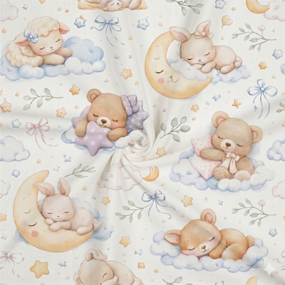 Tecido Popeline Ursinhos e Coelhinhos Sonhos Branco b Violet Fabrics