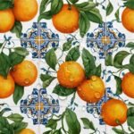 Tecido Nylon Impermeável Laranjas Azuleijos - Branco