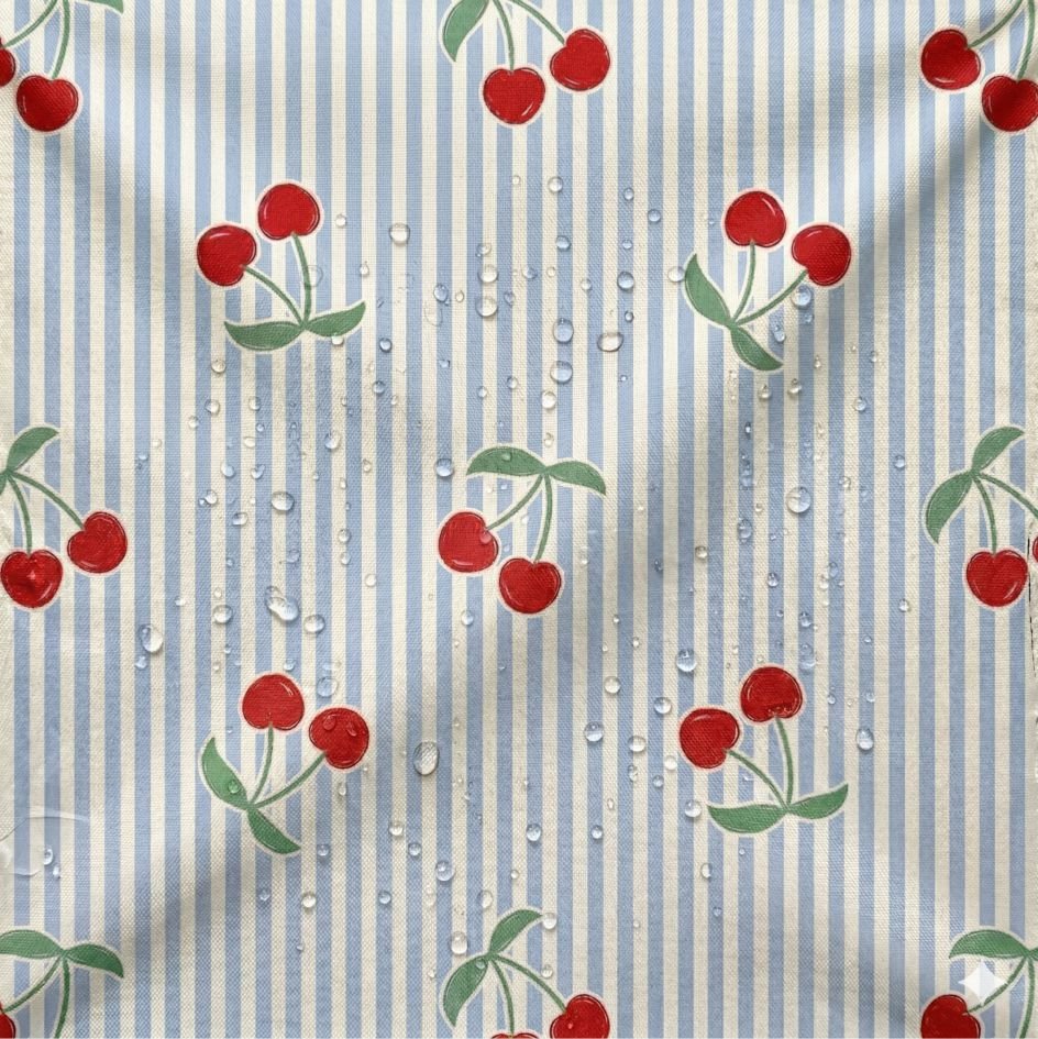 Tecido Tecido Nylon Impermiavel Riscas e Cerejas Violet Fabrics