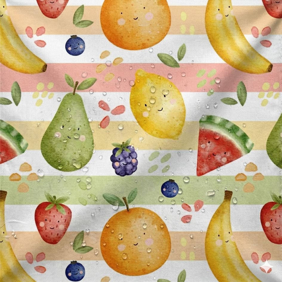 Tecido Tecido Nylon Impermiavel Riscas e Frutas a Violet Fabrics