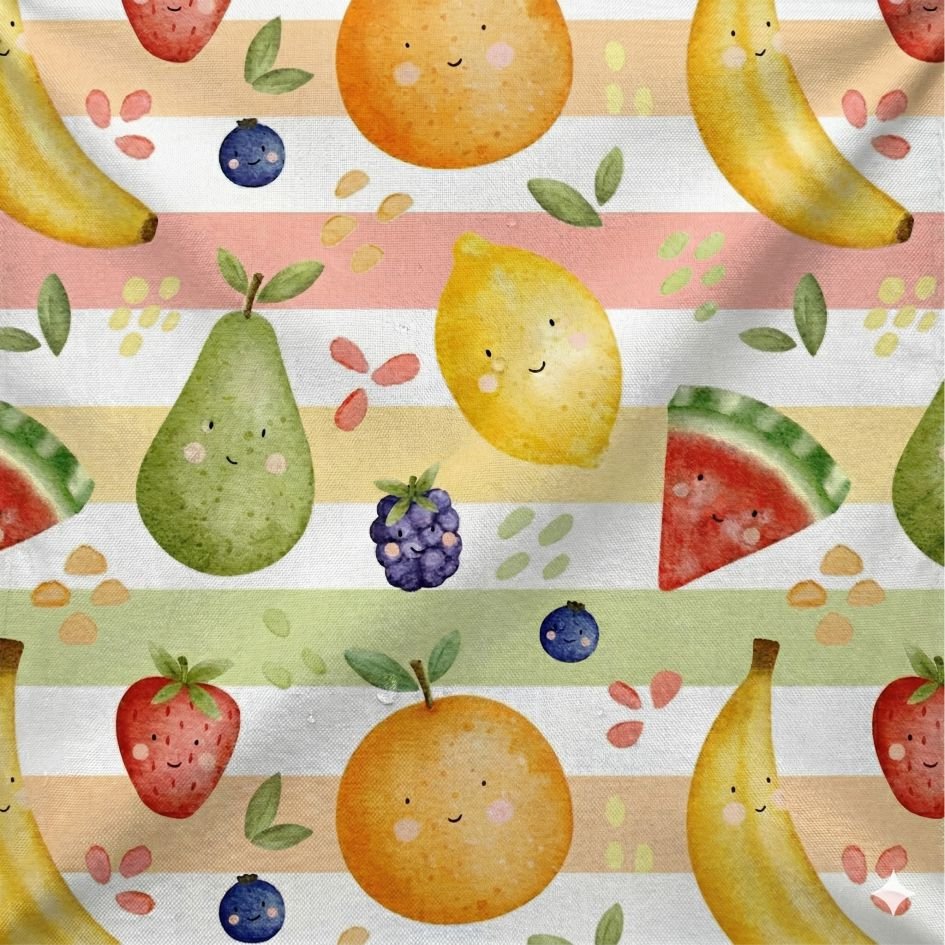 Tecido Tecido Nylon Impermiavel Riscas e Frutas Violet Fabrics