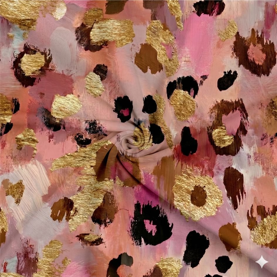 Tecido Licra Estampada Rosa Dourados Abstrata s Violet Fabrics