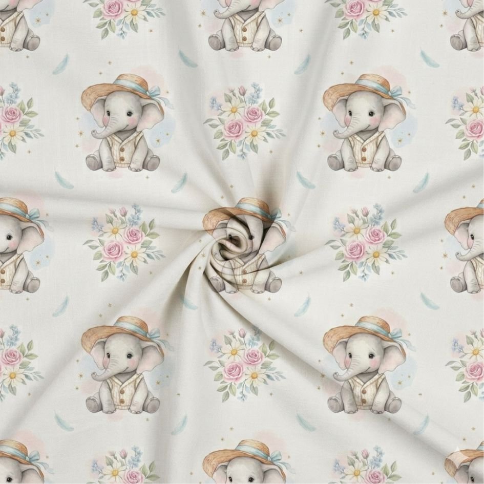 Tecido Popeline Elefante Flores Branco Violet Fabrics