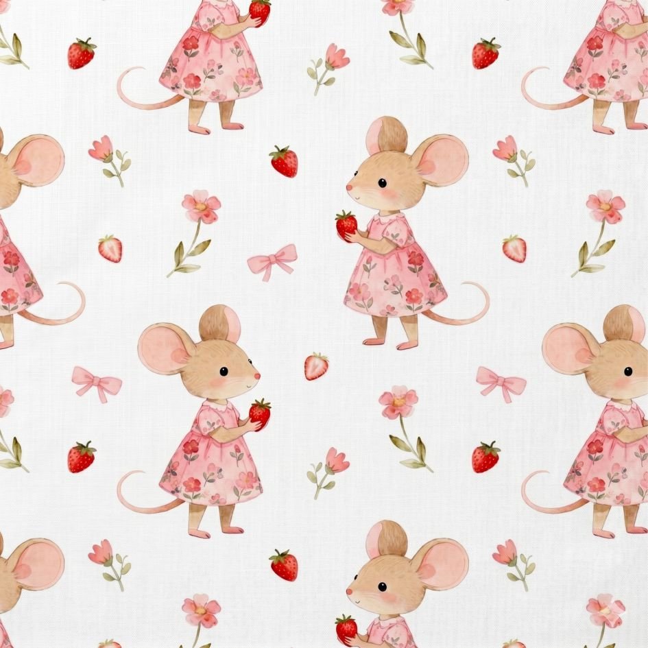 Tecido Popeline Ratinha Morangos Branco d Violet Fabrics