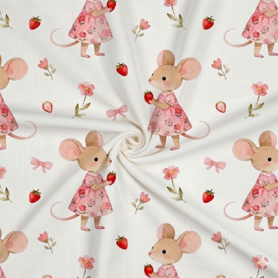 Tecido Popeline Ratinha Morangos Branco Violet Fabrics