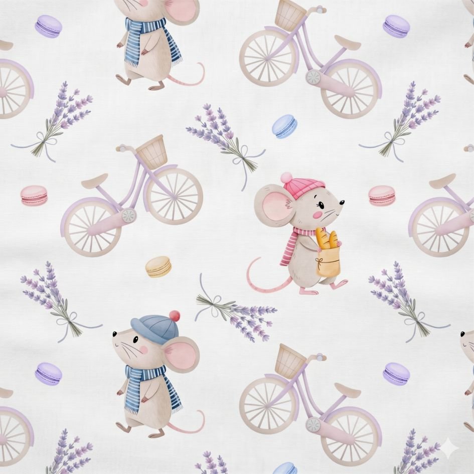 Tecido Popeline Ratinho e Bicicleta Branco d Violet Fabrics