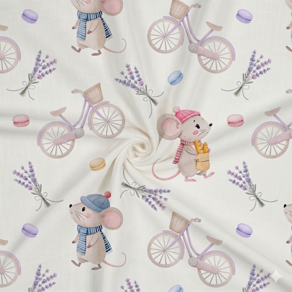 Tecido Popeline Ratinho e Bicicleta Branco Violet Fabrics