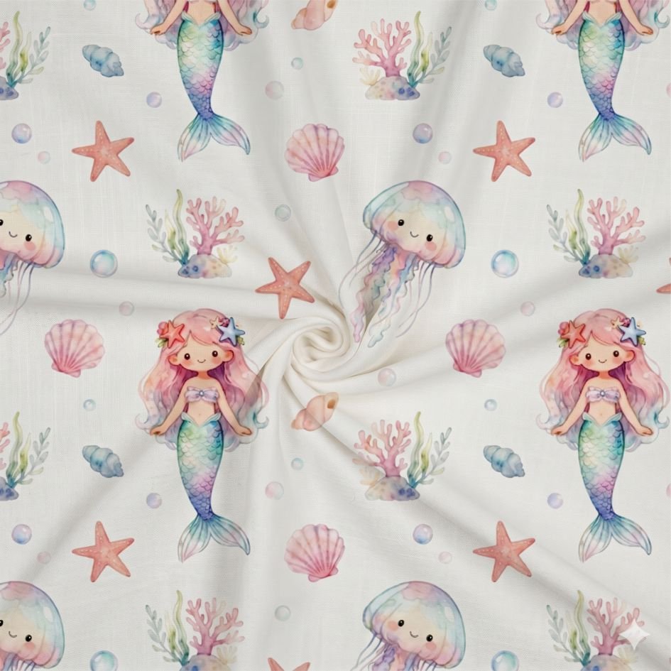 Tecido Popeline Sereia e Animais Marinhos Branco b Violet Fabrics