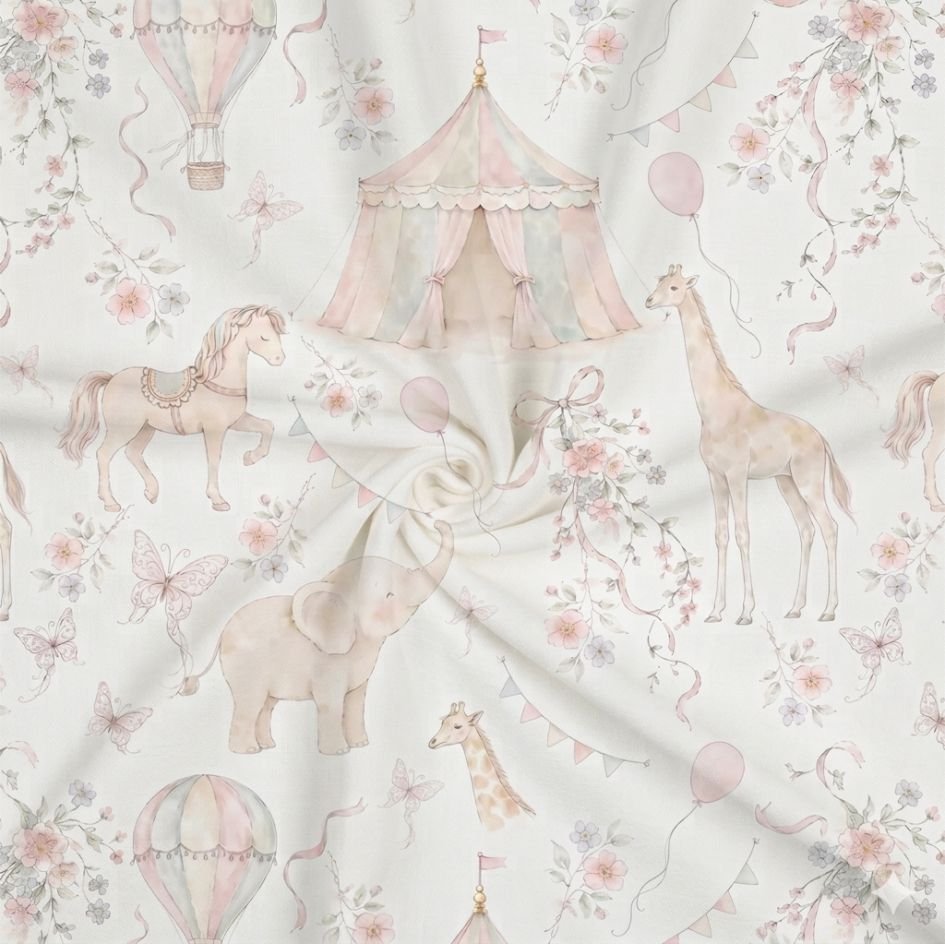 Tecido Popelines Animais do Circo Branco r Violet Fabrics