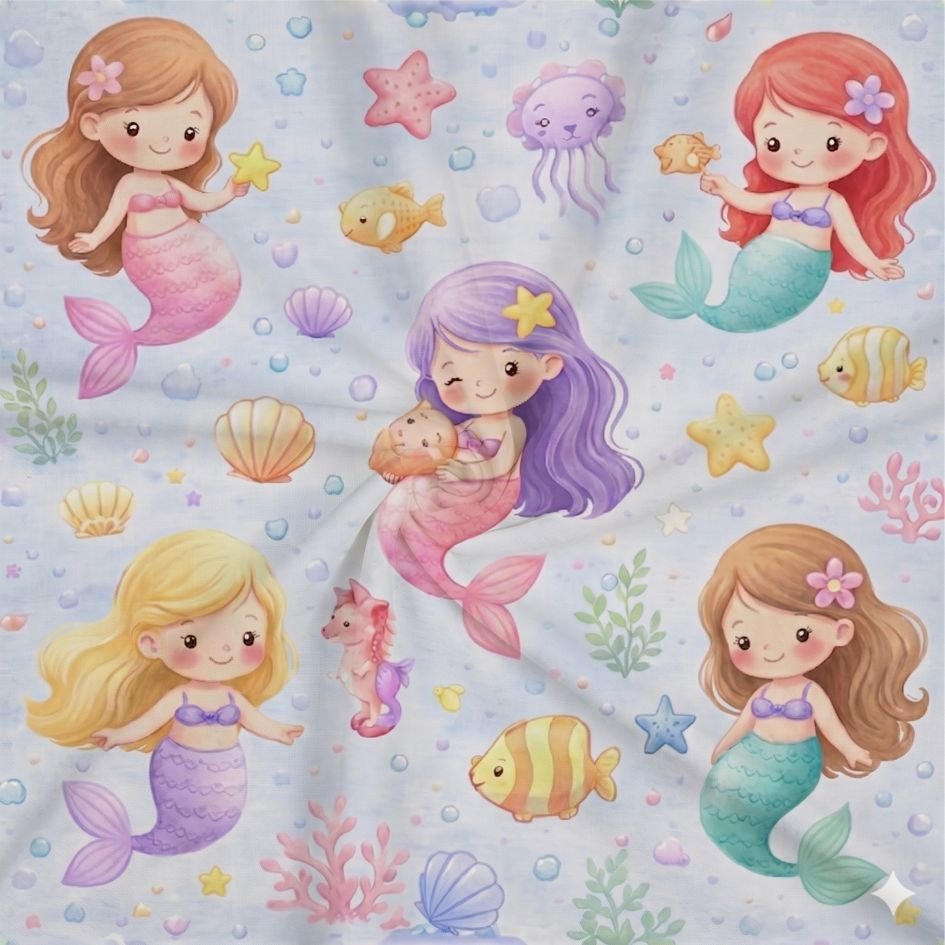 Tecido Popelines Sereias Azul b Violet Fabrics