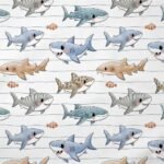 Tecido p/ Calções de Banho Tactel Tubarões e Nemo - Branco