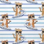 Tecido p/ Calções de Banho Tactel Tigre Surfista - Branco Ricas Azuis