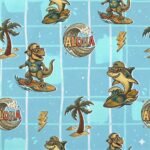 Tecido p/ Calções de Banho Tactel Tubarão e Dinossauro - Azul